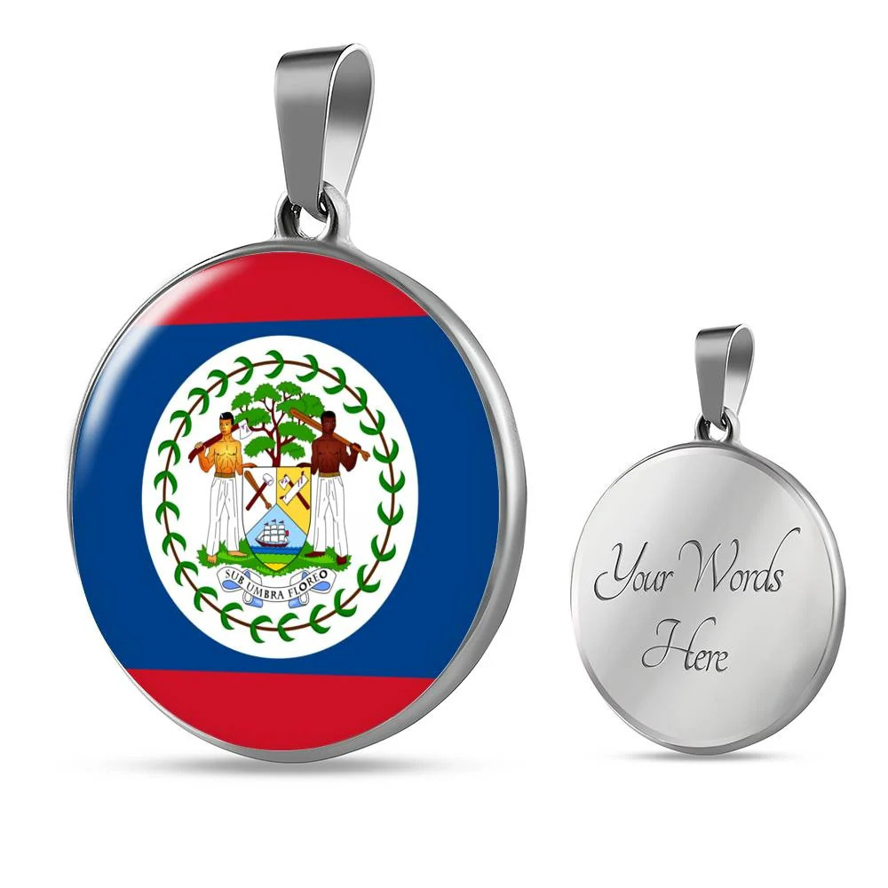 Belize Flag NecklaceCircle Pendant Necklace Stainless Steel 24 Inch Chain Silve
